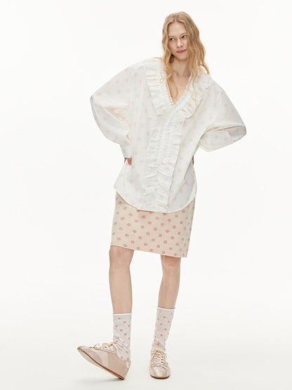 OuttheBlue Lyocell Cotton Blend Lace Ruffle Loose Puff Sleeve Polka Dot Women Blouses