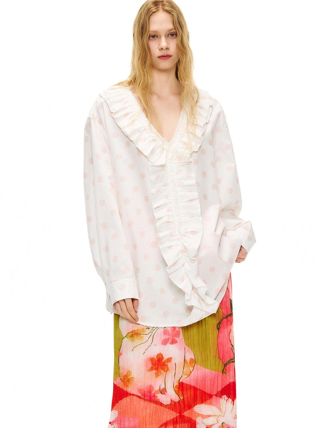 OuttheBlue Lyocell Cotton Blend Lace Ruffle Loose Puff Sleeve Polka Dot Women Blouses