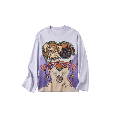 OuttheBlue Lyocell Cotton Blend Loose Animal Print Women Light Purple Long Sleeve T-Shirts