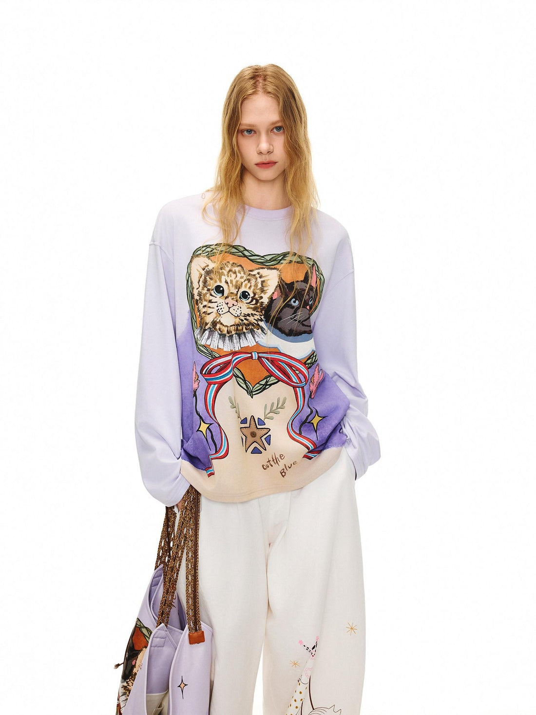 OuttheBlue Lyocell Cotton Blend Loose Animal Print Women Light Purple Long Sleeve T-Shirts
