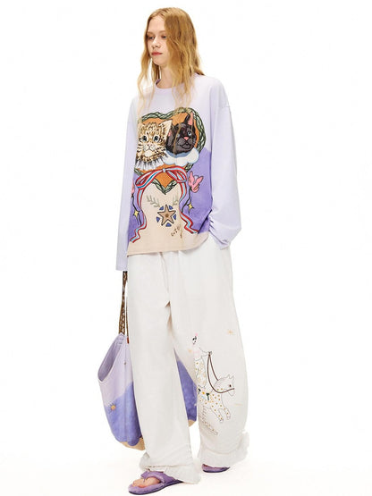 OuttheBlue Lyocell Cotton Blend Loose Animal Print Women Light Purple Long Sleeve T-Shirts