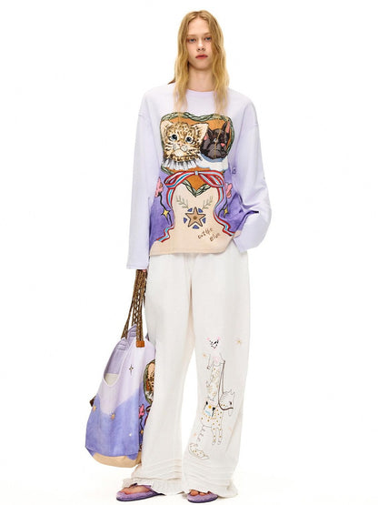 OuttheBlue Lyocell Cotton Blend Loose Animal Print Women Light Purple Long Sleeve T-Shirts