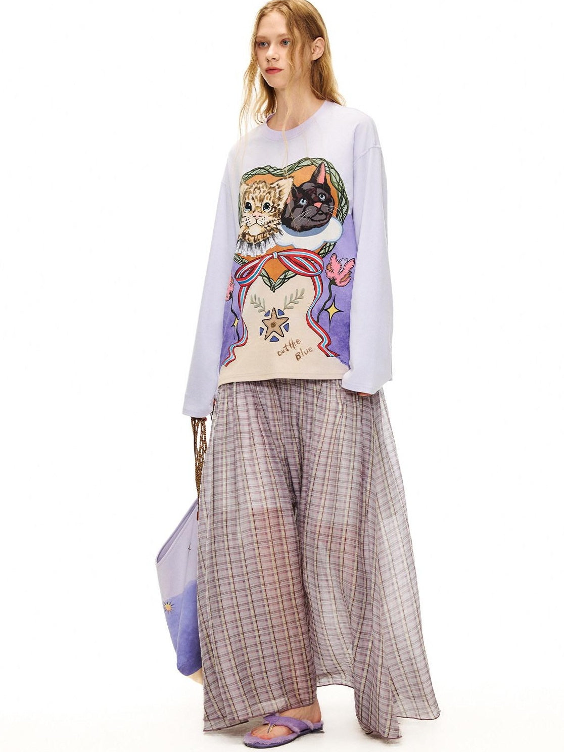 OuttheBlue Lyocell Cotton Blend Loose Animal Print Women Light Purple Long Sleeve T-Shirts