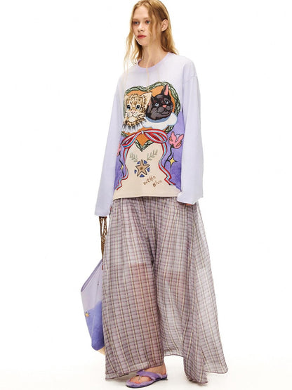 OuttheBlue Lyocell Cotton Blend Loose Animal Print Women Light Purple Long Sleeve T-Shirts