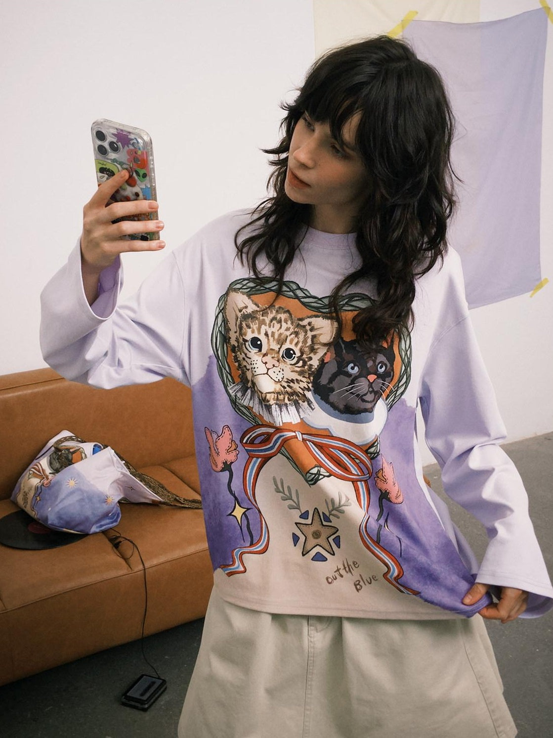 OuttheBlue Lyocell Cotton Blend Loose Animal Print Women Light Purple Long Sleeve T-Shirts