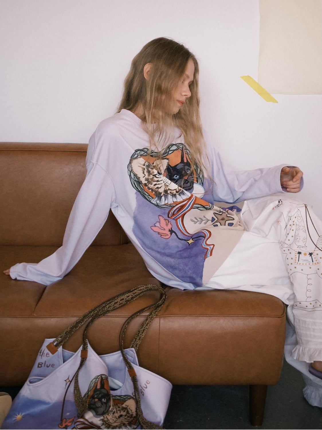 OuttheBlue Lyocell Cotton Blend Loose Animal Print Women Light Purple Long Sleeve T-Shirts