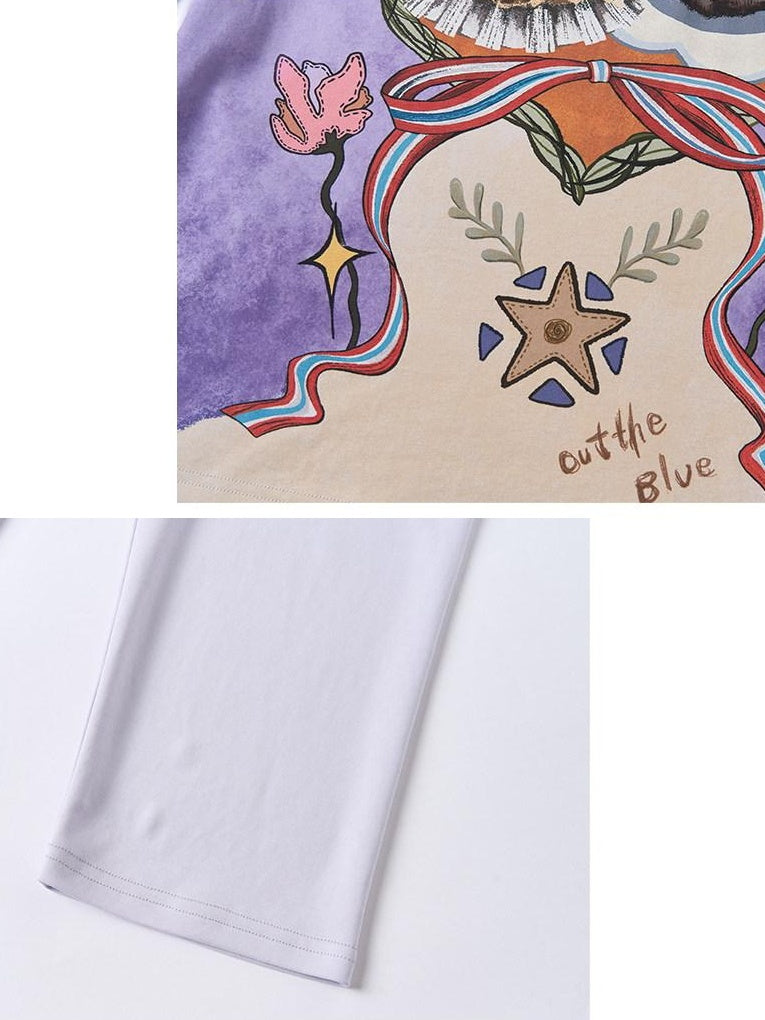 OuttheBlue Lyocell Cotton Blend Loose Animal Print Women Light Purple Long Sleeve T-Shirts