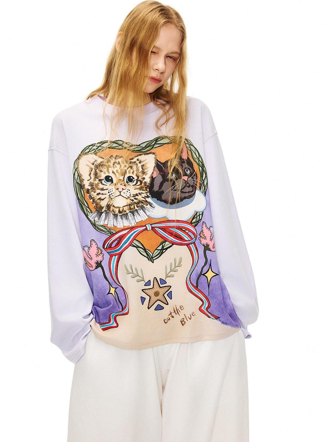 OuttheBlue Lyocell Cotton Blend Loose Animal Print Women Light Purple Long Sleeve T-Shirts