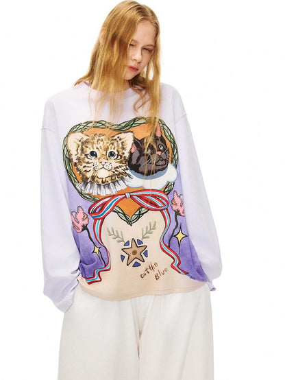 OuttheBlue Lyocell Cotton Blend Loose Animal Print Women Light Purple Long Sleeve T-Shirts