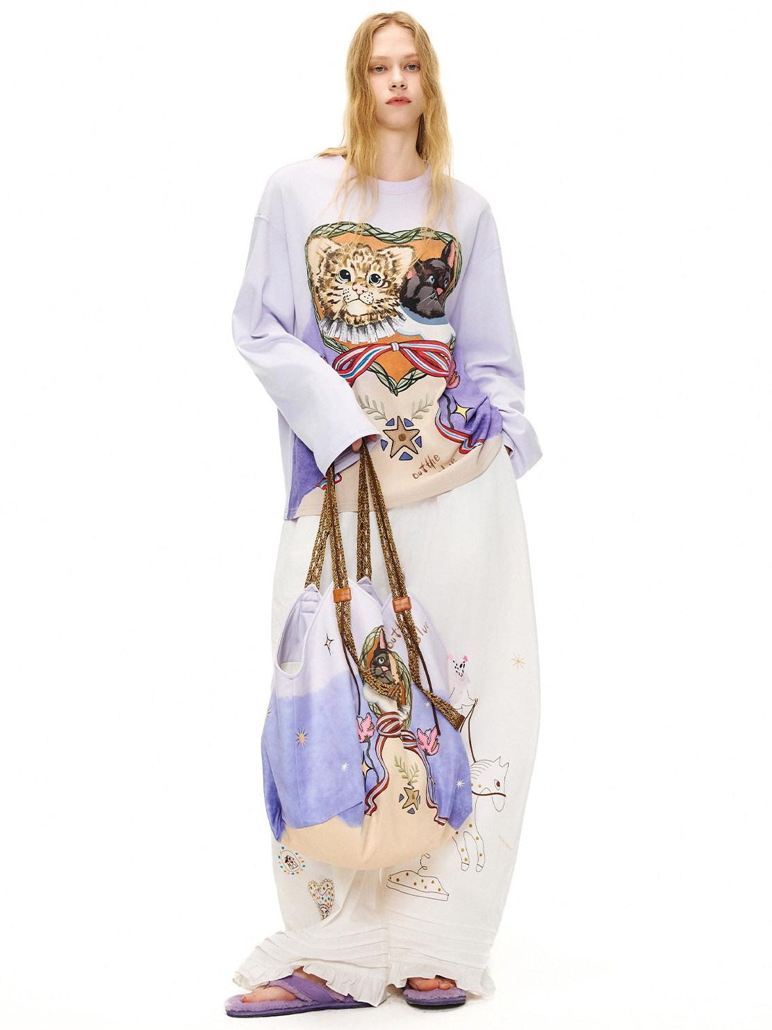 OuttheBlue Lyocell Cotton Blend Loose Animal Print Women Light Purple Long Sleeve T-Shirts