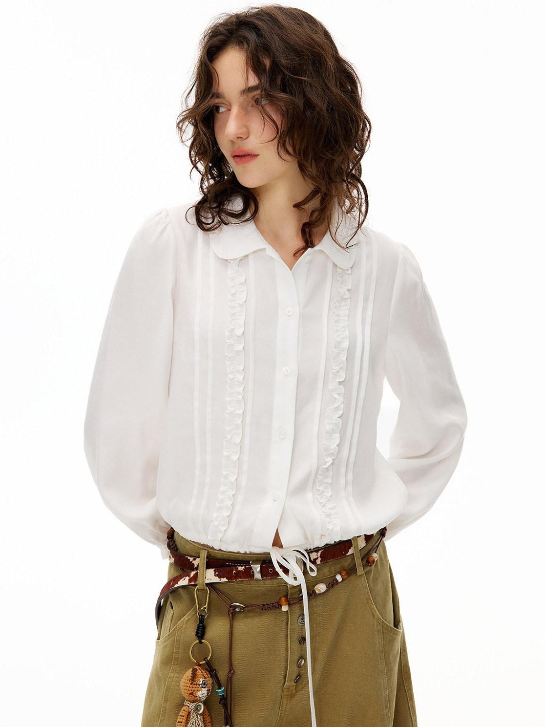 OuttheBlue Lyocell Linen Blend Relaxed Lace Tie Casual Women White Long Sleeve Blouses