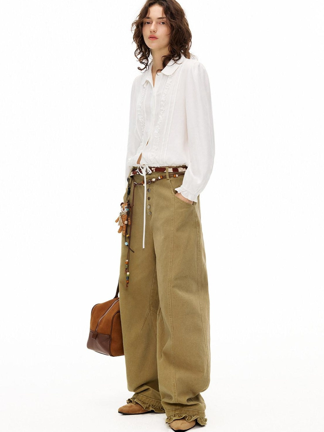 OuttheBlue Lyocell Linen Blend Relaxed Lace Tie Casual Women White Long Sleeve Blouses