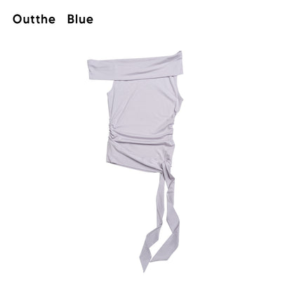 OuttheBlue Lyocell Linen Patch Slim Boatneck Cross Print Lilac Short Sleeve T-Shirts