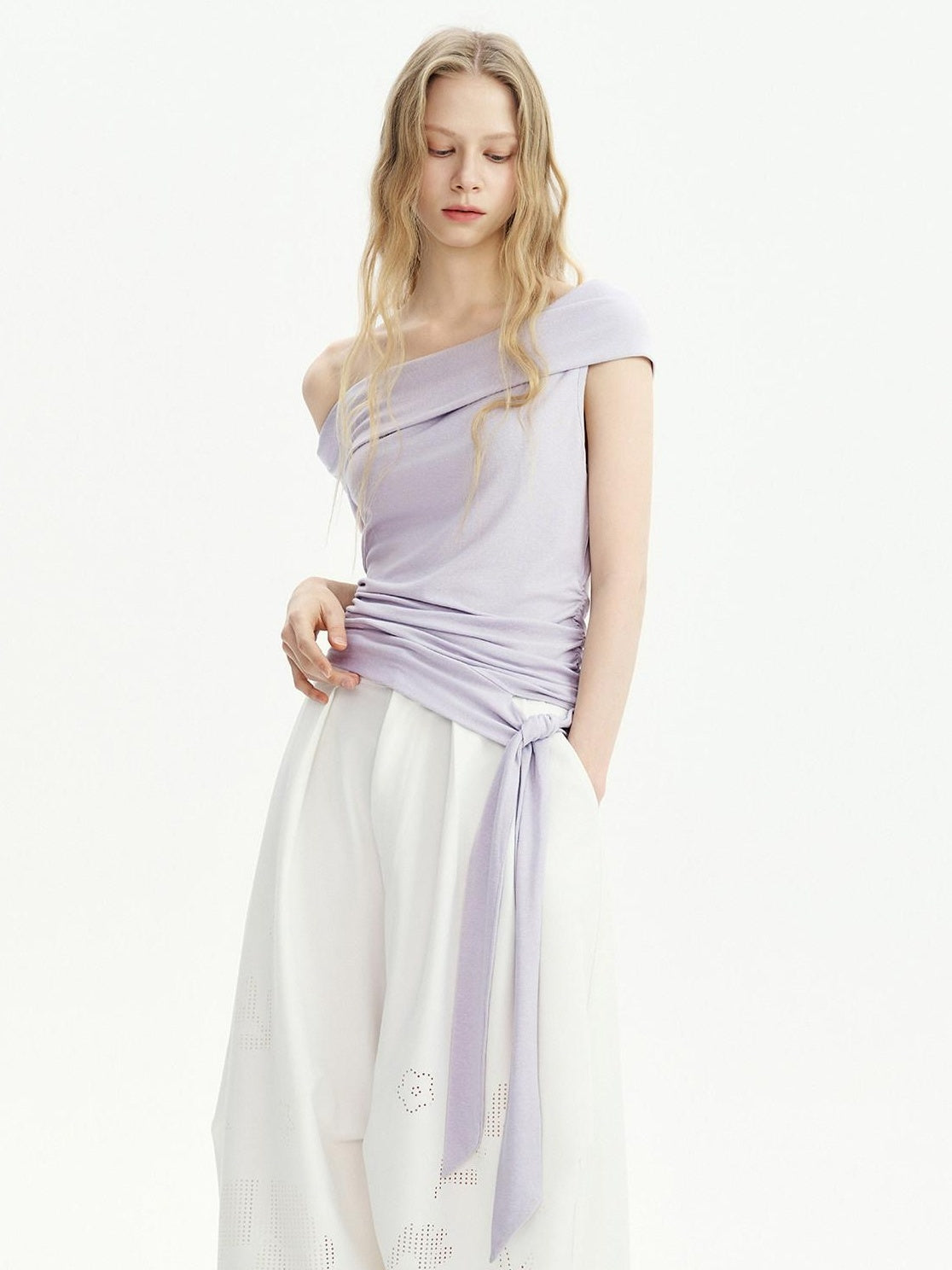 OuttheBlue Lyocell Linen Patch Slim Boatneck Cross Print Lilac Short Sleeve T-Shirts