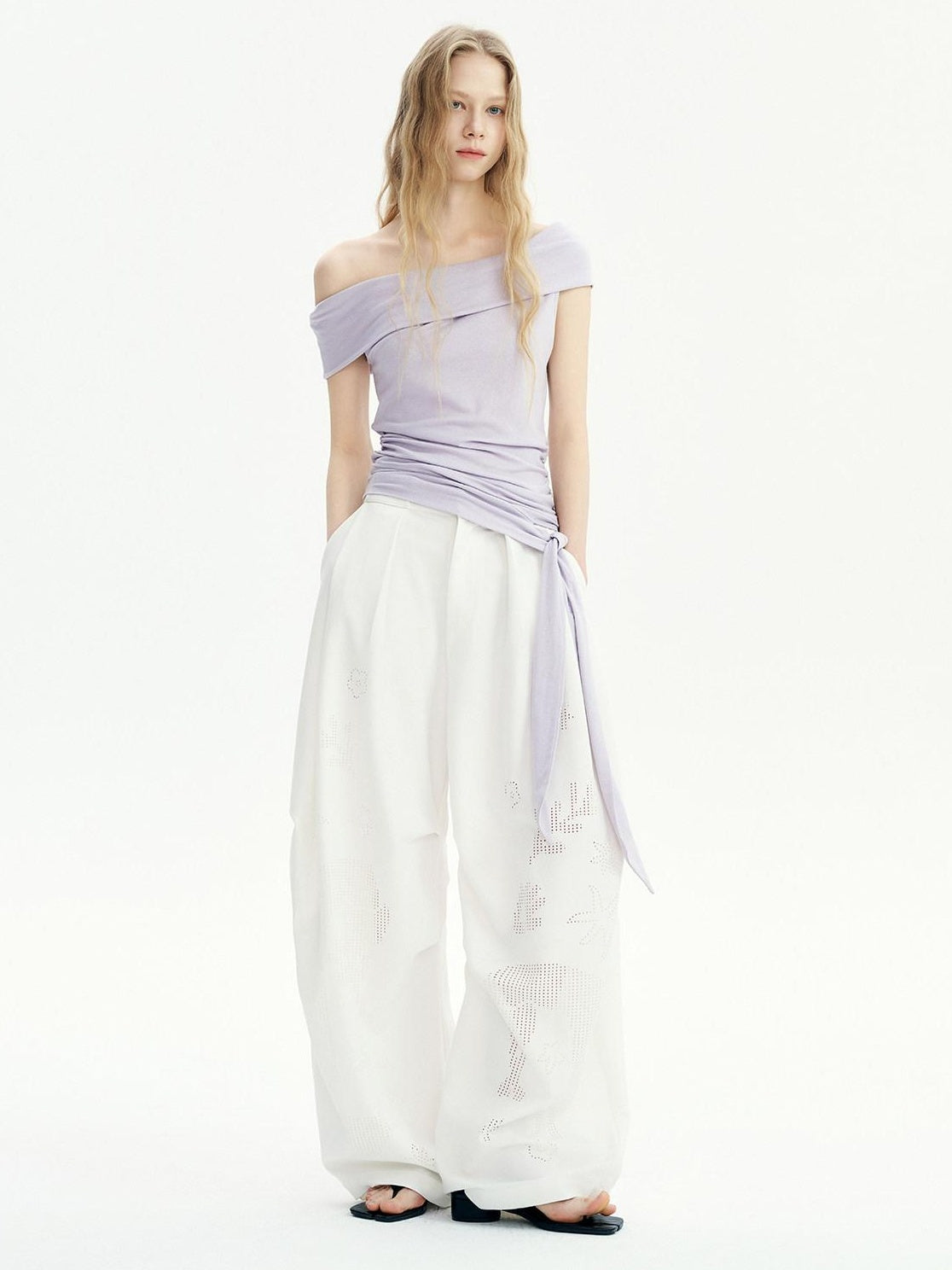 OuttheBlue Lyocell Linen Patch Slim Boatneck Cross Print Lilac Short Sleeve T-Shirts