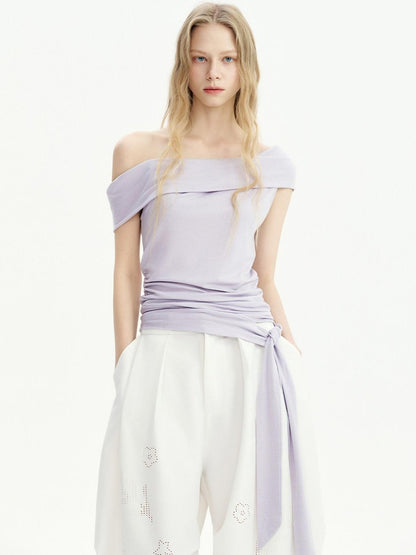 OuttheBlue Lyocell Linen Patch Slim Boatneck Cross Print Lilac Short Sleeve T-Shirts