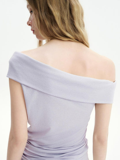 OuttheBlue Lyocell Linen Patch Slim Boatneck Cross Print Lilac Short Sleeve T-Shirts