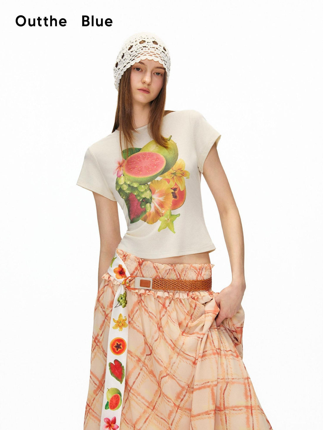 OuttheBlue Lyocell Linen Slim Cropped Casual Women Fruit Print Short Sleeve T-Shirts