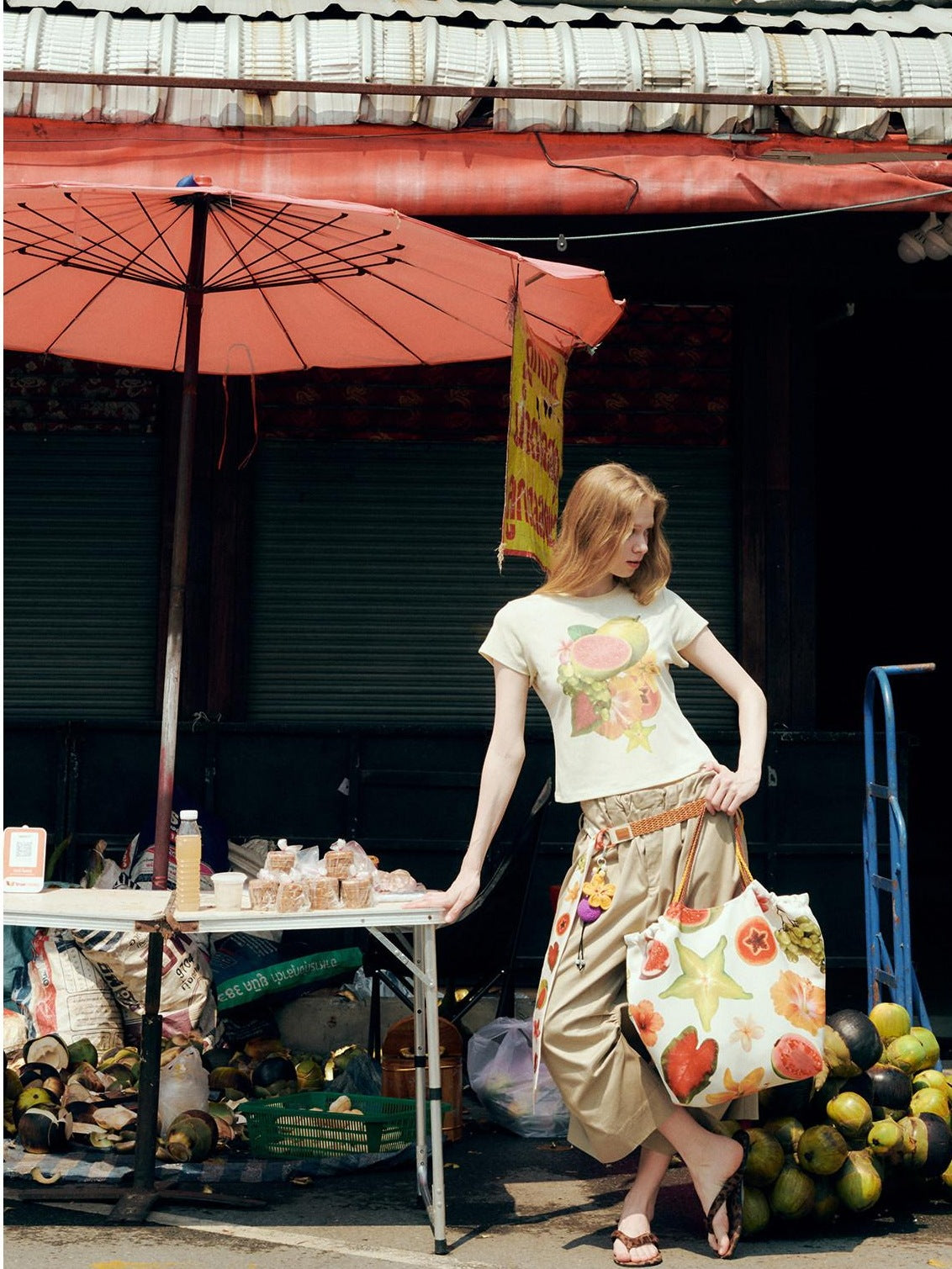 OuttheBlue Lyocell Linen Slim Cropped Casual Women Fruit Print Short Sleeve T-Shirts