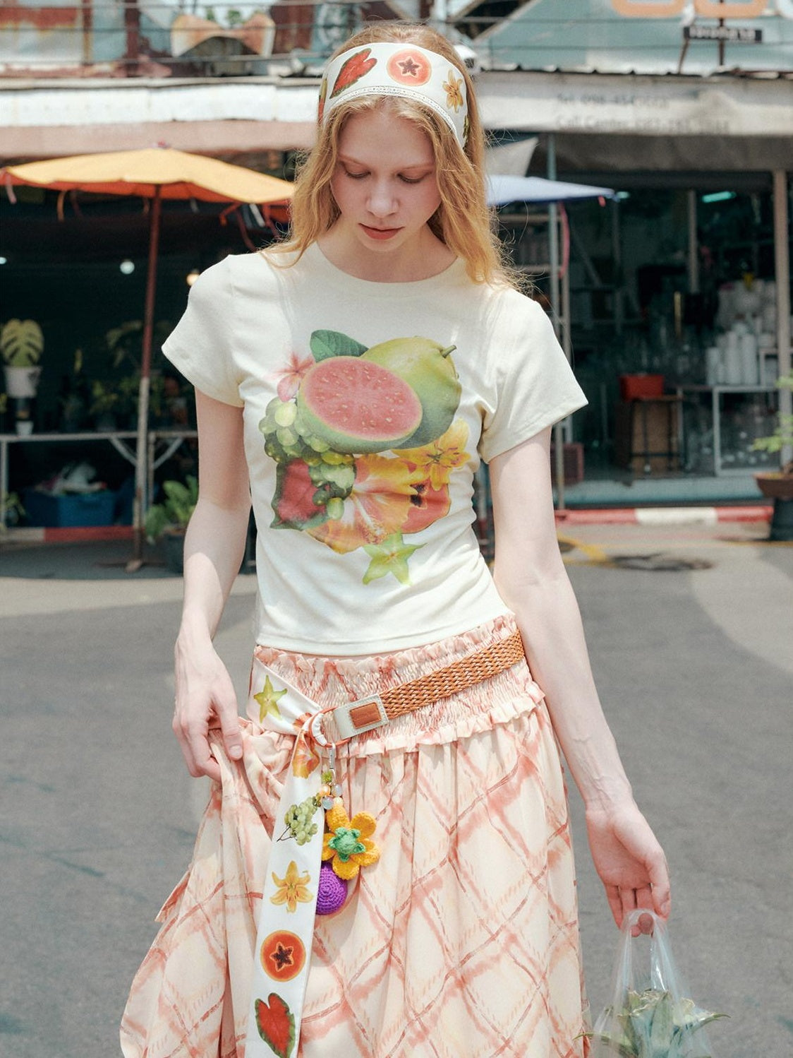 OuttheBlue Lyocell Linen Slim Cropped Casual Women Fruit Print Short Sleeve T-Shirts