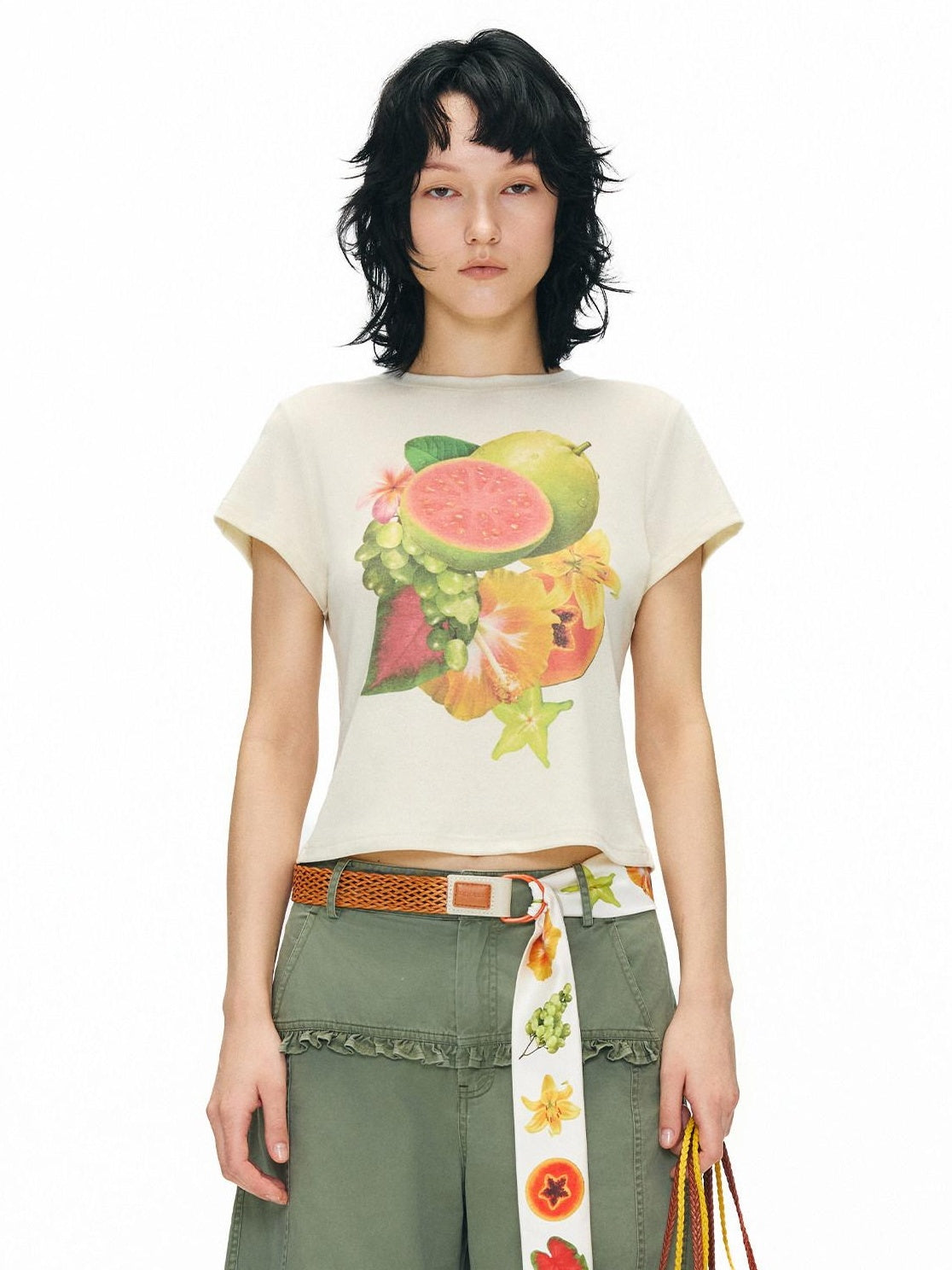 OuttheBlue Lyocell Linen Slim Cropped Casual Women Fruit Print Short Sleeve T-Shirts
