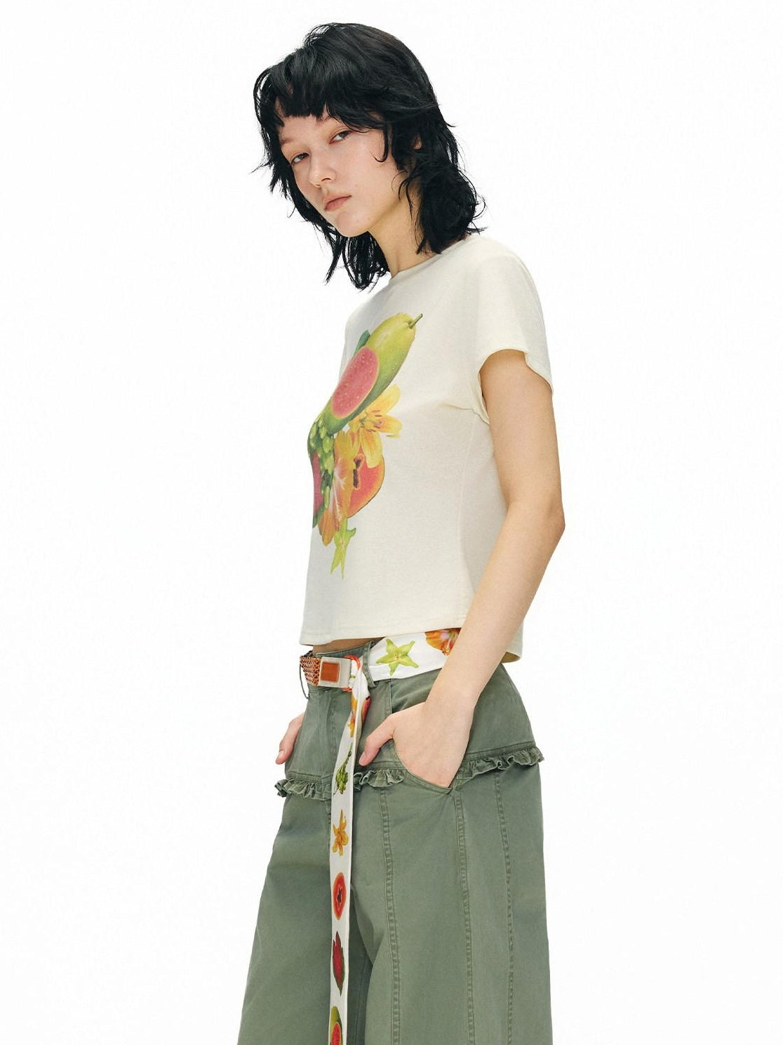 OuttheBlue Lyocell Linen Slim Cropped Casual Women Fruit Print Short Sleeve T-Shirts