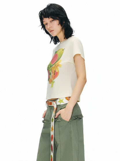 OuttheBlue Lyocell Linen Slim Cropped Casual Women Fruit Print Short Sleeve T-Shirts