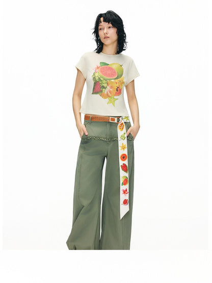 OuttheBlue Lyocell Linen Slim Cropped Casual Women Fruit Print Short Sleeve T-Shirts
