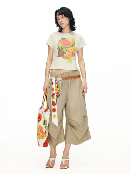 OuttheBlue Lyocell Linen Slim Cropped Casual Women Fruit Print Short Sleeve T-Shirts