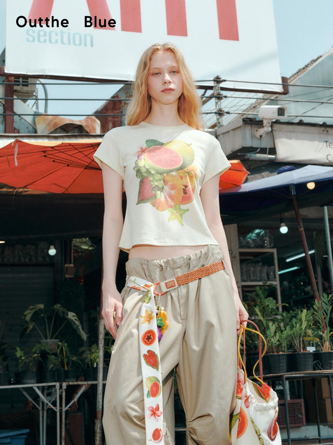 OuttheBlue Lyocell Linen Slim Cropped Casual Women Fruit Print Short Sleeve T-Shirts
