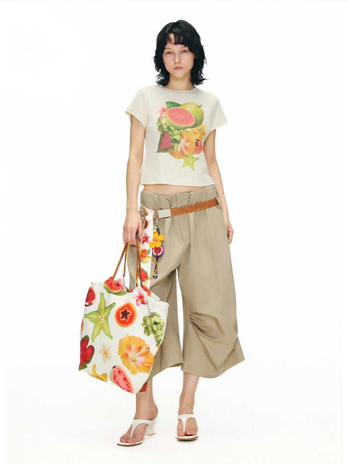 OuttheBlue Lyocell Linen Slim Cropped Casual Women Fruit Print Short Sleeve T-Shirts