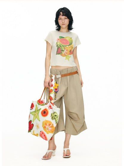 OuttheBlue Lyocell Linen Slim Cropped Casual Women Fruit Print Short Sleeve T-Shirts