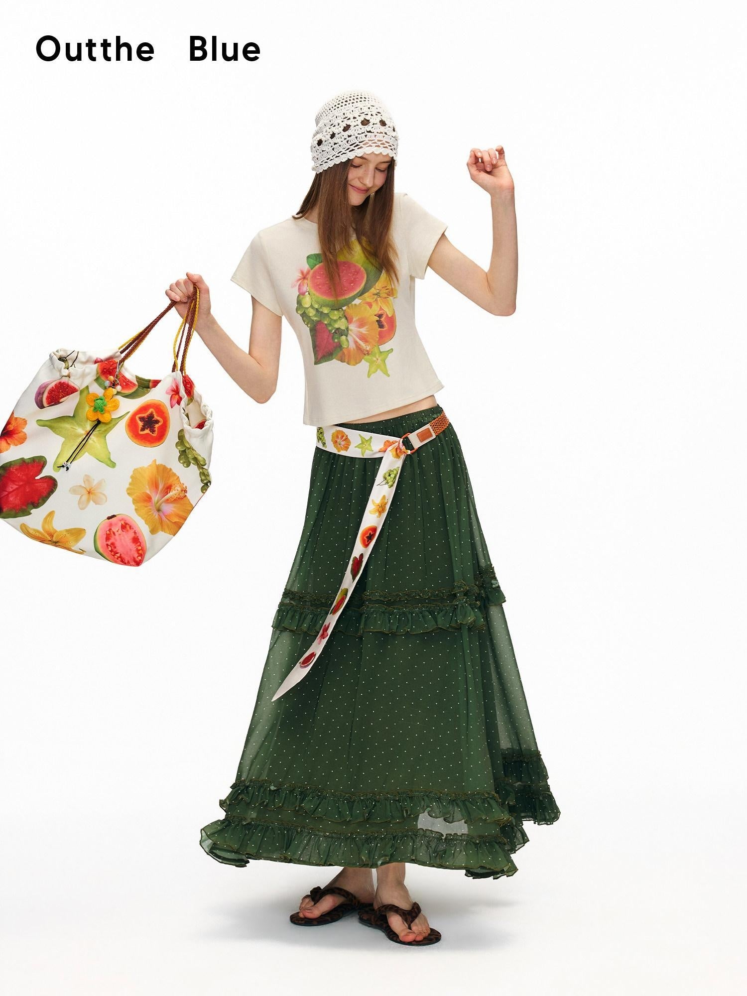 OuttheBlue Lyocell Linen Slim Cropped Casual Women Fruit Print Short Sleeve T-Shirts
