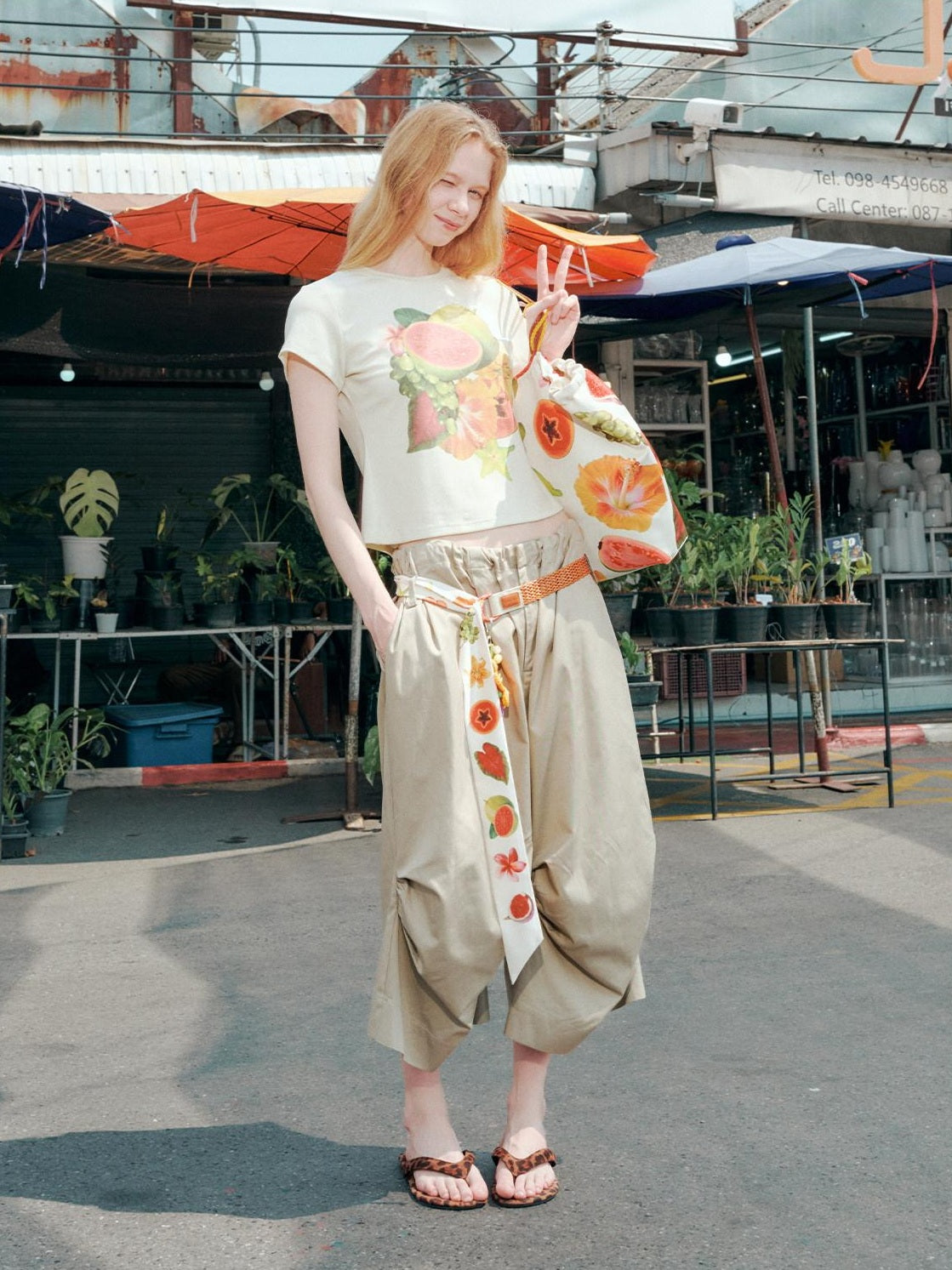 OuttheBlue Lyocell Linen Slim Cropped Casual Women Fruit Print Short Sleeve T-Shirts