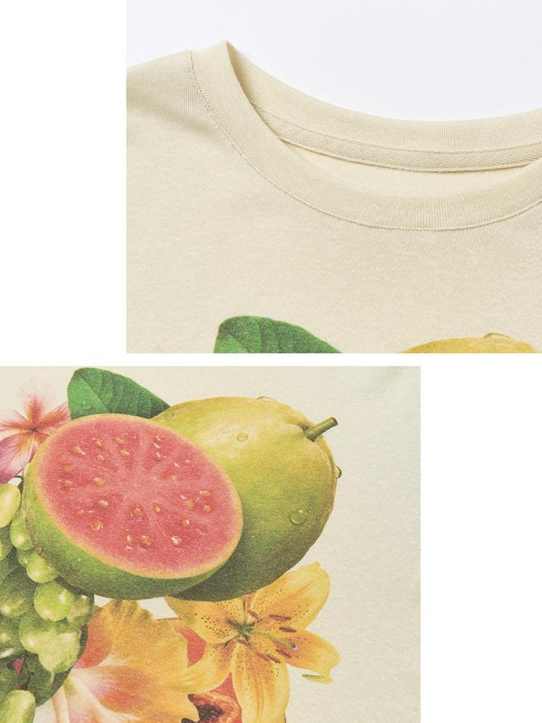 OuttheBlue Lyocell Linen Slim Cropped Casual Women Fruit Print Short Sleeve T-Shirts