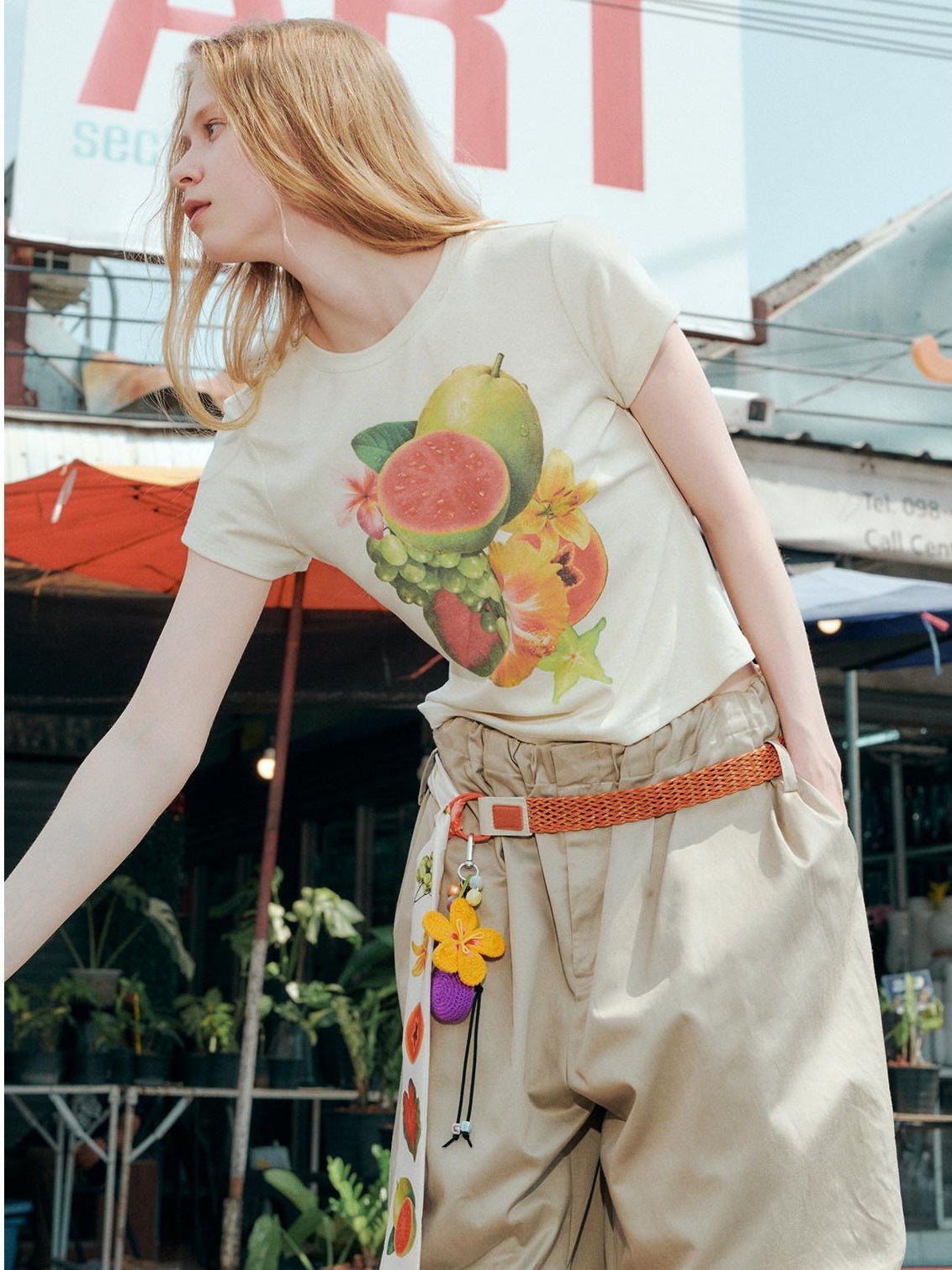 OuttheBlue Lyocell Linen Slim Cropped Casual Women Fruit Print Short Sleeve T-Shirts