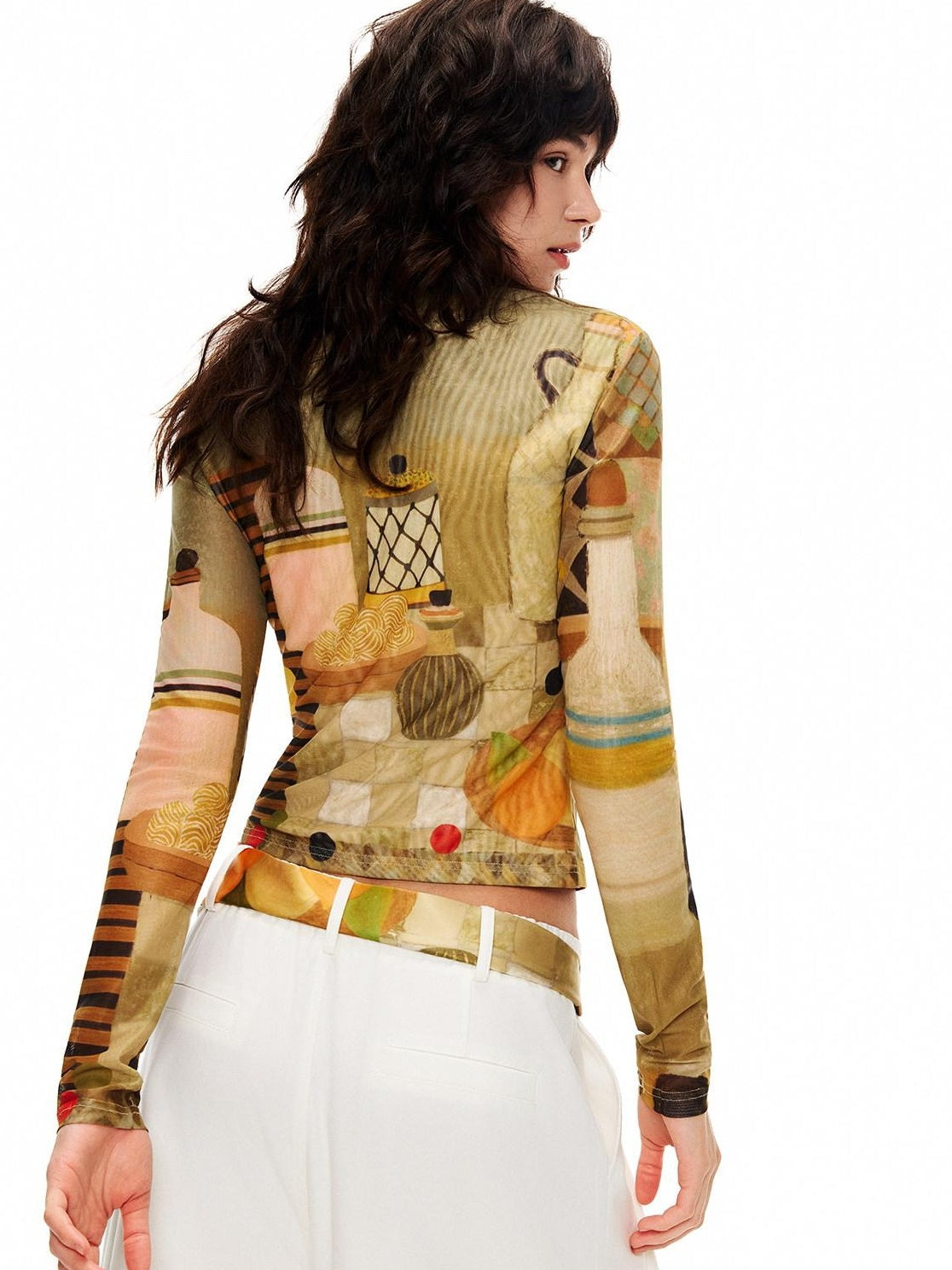 OuttheBlue Mesh Fruit Print Cropped Slim Casual Round Neck Women Long Sleeve T-Shirts