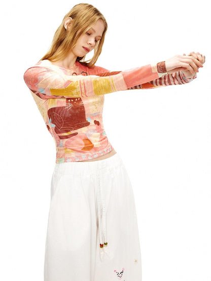 OuttheBlue Mesh Fruit Print Cropped Slim Casual Round Neck Women Long Sleeve T-Shirts
