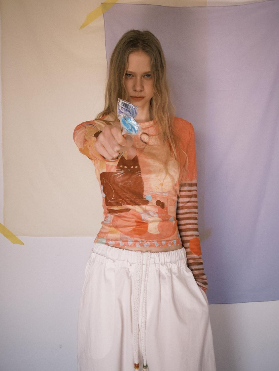 OuttheBlue Mesh Fruit Print Cropped Slim Casual Round Neck Women Long Sleeve T-Shirts