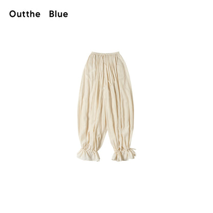 OuttheBlue Mid High Waist Casual Lantern Style Women Beige Polyester Blend Wide-Leg Pants
