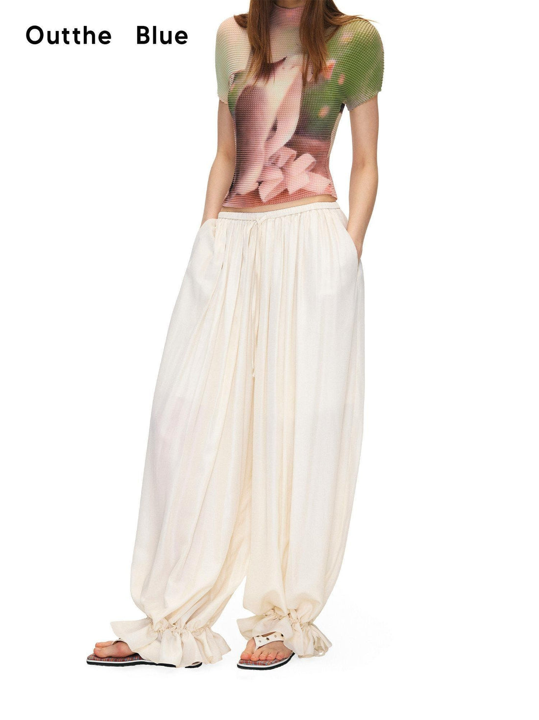OuttheBlue Mid High Waist Casual Lantern Style Women Beige Polyester Blend Wide-Leg Pants