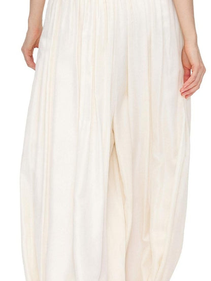 OuttheBlue Mid High Waist Casual Lantern Style Women Beige Polyester Blend Wide-Leg Pants