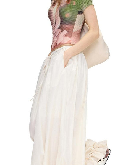 OuttheBlue Mid High Waist Casual Lantern Style Women Beige Polyester Blend Wide-Leg Pants