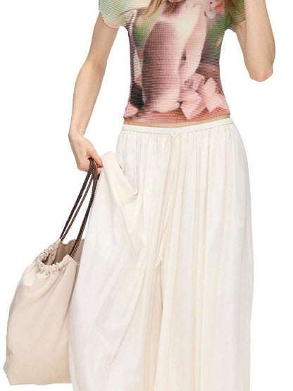 OuttheBlue Mid High Waist Casual Lantern Style Women Beige Polyester Blend Wide-Leg Pants