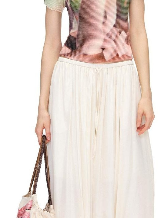 OuttheBlue Mid High Waist Casual Lantern Style Women Beige Polyester Blend Wide-Leg Pants