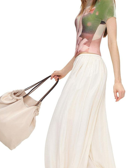 OuttheBlue Mid High Waist Casual Lantern Style Women Beige Polyester Blend Wide-Leg Pants