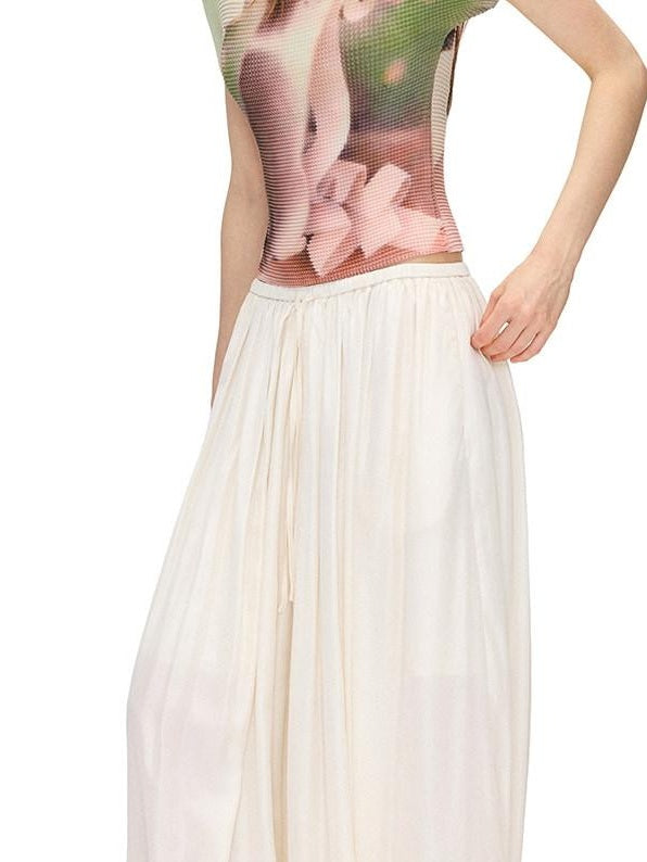 OuttheBlue Mid High Waist Casual Lantern Style Women Beige Polyester Blend Wide-Leg Pants