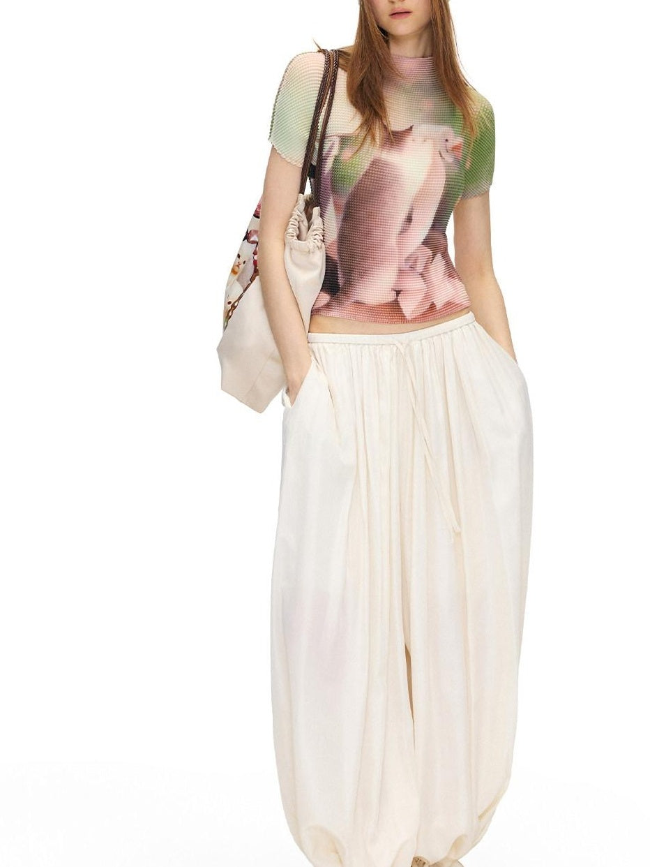 OuttheBlue Mid High Waist Casual Lantern Style Women Beige Polyester Blend Wide-Leg Pants
