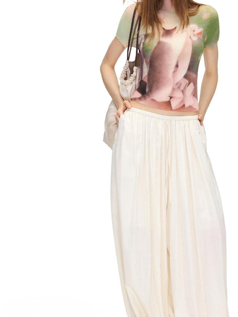 OuttheBlue Mid High Waist Casual Lantern Style Women Beige Polyester Blend Wide-Leg Pants