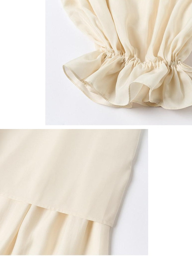 OuttheBlue Mid High Waist Casual Lantern Style Women Beige Polyester Blend Wide-Leg Pants